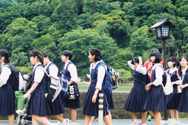 A group of schoolgirls on their way to class in Japan.